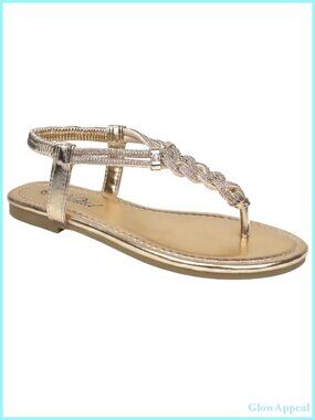Rhinestone Thong Flat Sandals Braided T-Strap Faux Leather Casual Wedding